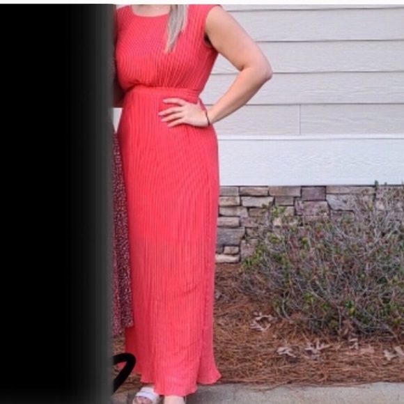 Gabby Sky Orange Red Pleated Maxi Dress - Picture 1 of 11